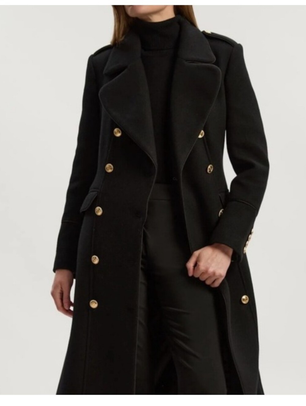 DKNY Black Double-Breasted Pea Coat with Gold Hardware